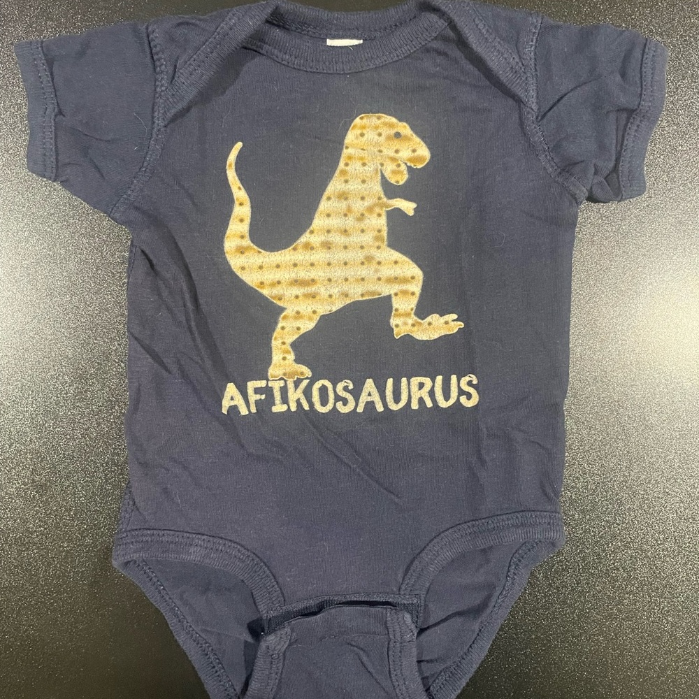 Navy Passover themed “Afikosaurus” Onesie 6 mo.